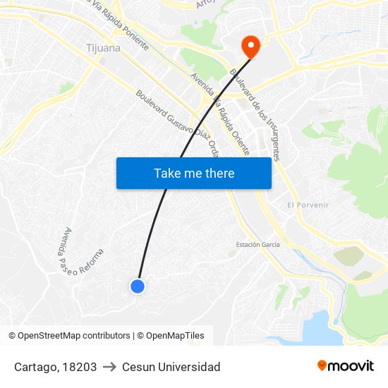 Cartago, 18203 to Cesun Universidad map