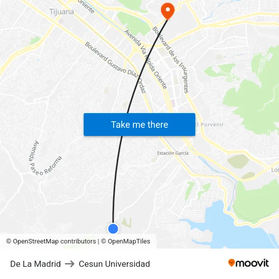 De La Madrid to Cesun Universidad map