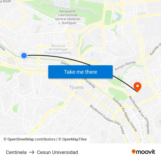 Centinela to Cesun Universidad map