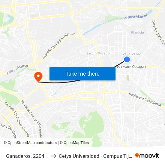 Ganaderos, 22043_3 to Cetys Universidad  - Campus Tijuana map