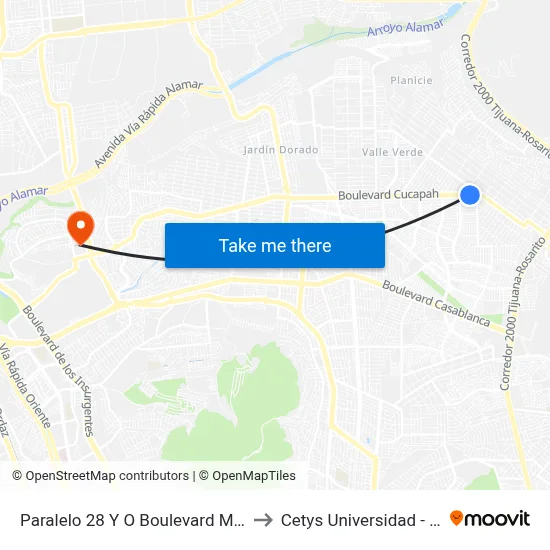 Paralelo 28 Y O Boulevard Matamoros, 23030_V46 to Cetys Universidad  - Campus Tijuana map