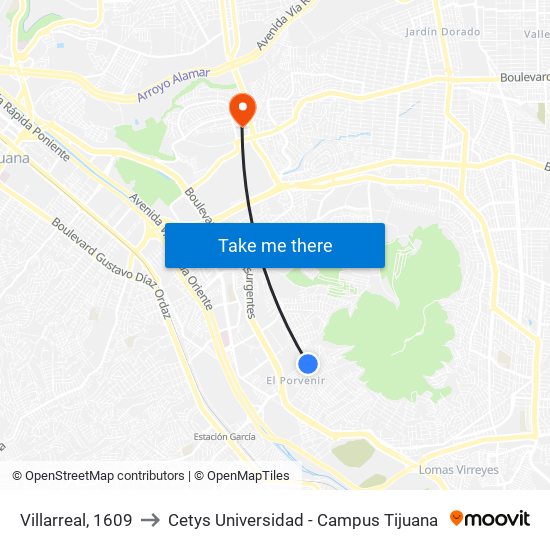 Villarreal, 1609 to Cetys Universidad  - Campus Tijuana map