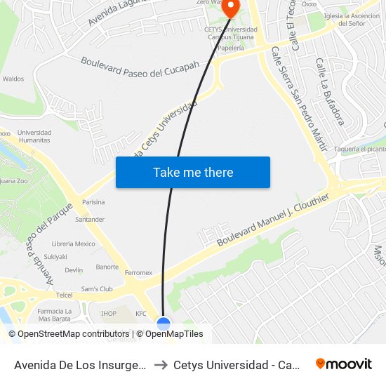 Avenida De Los Insurgentes, 18050 to Cetys Universidad  - Campus Tijuana map