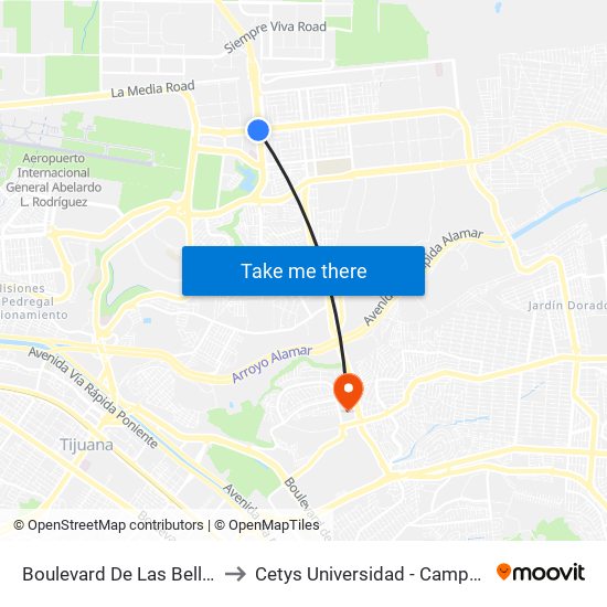 Boulevard De Las Bellas Artes to Cetys Universidad  - Campus Tijuana map