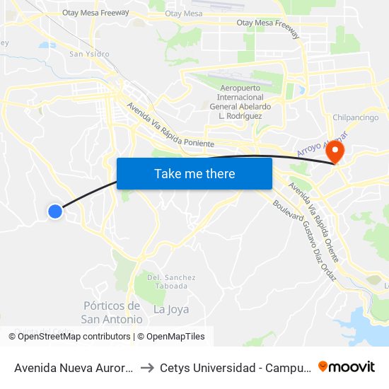 Avenida Nueva Aurora, 6980 to Cetys Universidad  - Campus Tijuana map