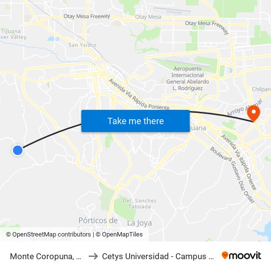 Monte Coropuna, 2342 to Cetys Universidad  - Campus Tijuana map