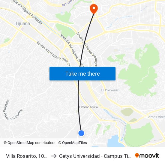 Villa Rosarito, 10024 to Cetys Universidad  - Campus Tijuana map