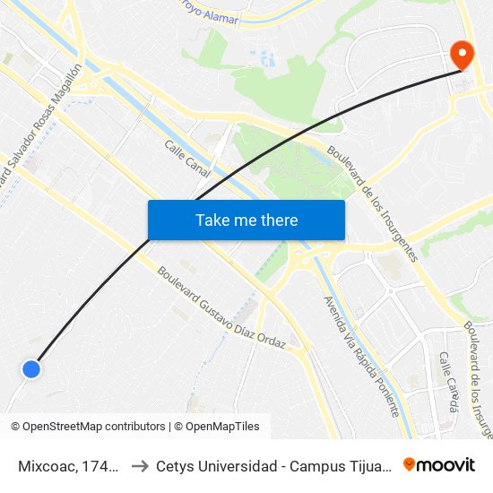 Mixcoac, 174_B to Cetys Universidad  - Campus Tijuana map