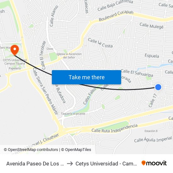 Avenida Paseo De Los Lobos, 34 to Cetys Universidad  - Campus Tijuana map