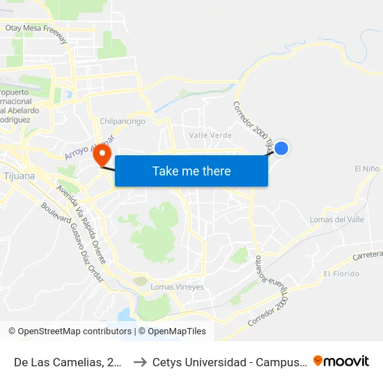 De Las Camelias, 25375_1 to Cetys Universidad  - Campus Tijuana map