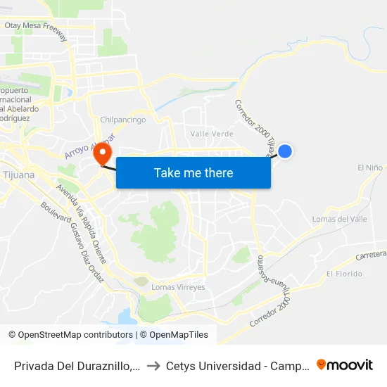 Privada Del Duraznillo, 25346_1 to Cetys Universidad  - Campus Tijuana map