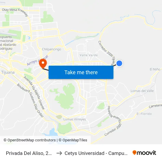 Privada Del Aliso, 25326_9 to Cetys Universidad  - Campus Tijuana map