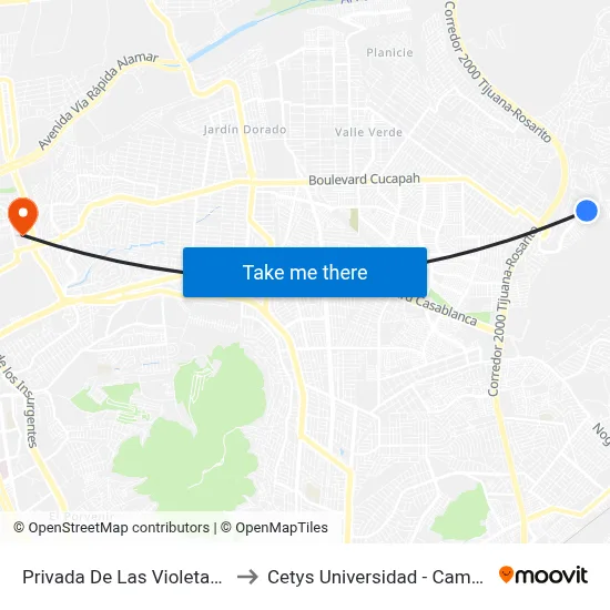Privada De Las Violetas, 28286_7 to Cetys Universidad  - Campus Tijuana map