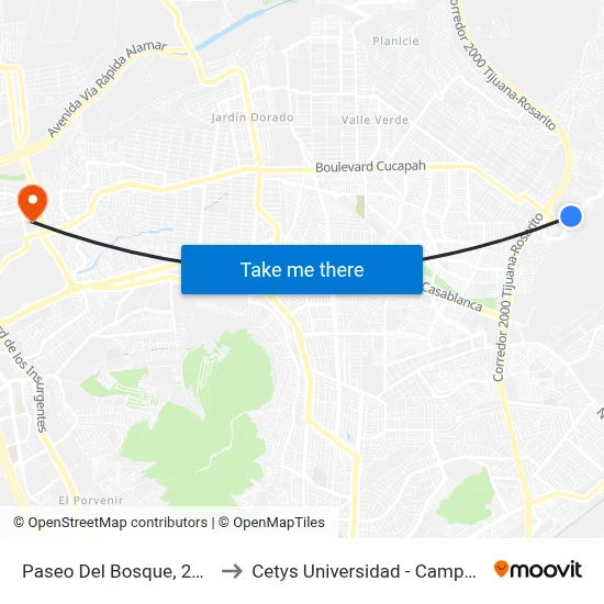 Paseo Del Bosque, 25205_H4 to Cetys Universidad  - Campus Tijuana map