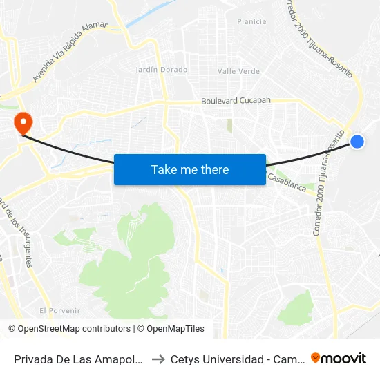 Privada De Las Amapolas, 25166_1 to Cetys Universidad  - Campus Tijuana map