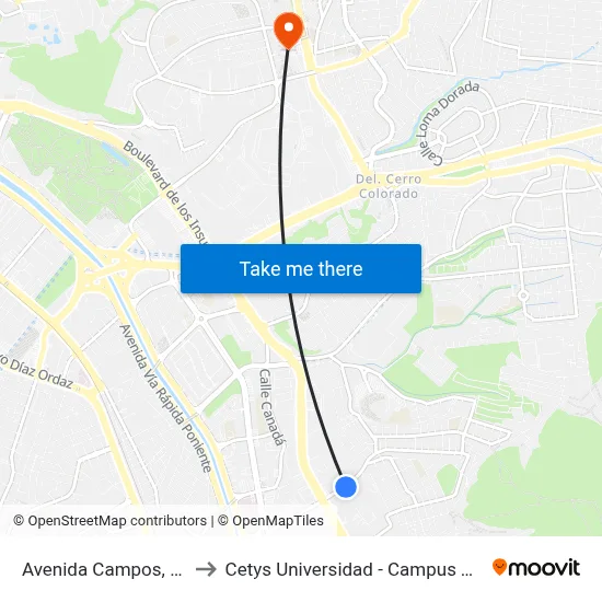 Avenida Campos, 34_B to Cetys Universidad  - Campus Tijuana map