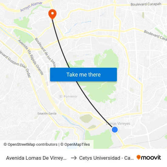 Avenida Lomas De Virreyes Sur, 11217_B to Cetys Universidad  - Campus Tijuana map