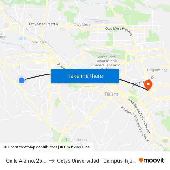 Calle Alamo, 2621 to Cetys Universidad  - Campus Tijuana map