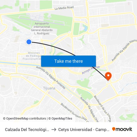 Calzada Del Tecnológico, 1105 to Cetys Universidad  - Campus Tijuana map