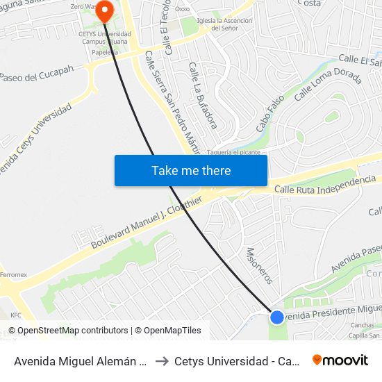 Avenida Miguel Alemán Valdez, 1302 to Cetys Universidad  - Campus Tijuana map