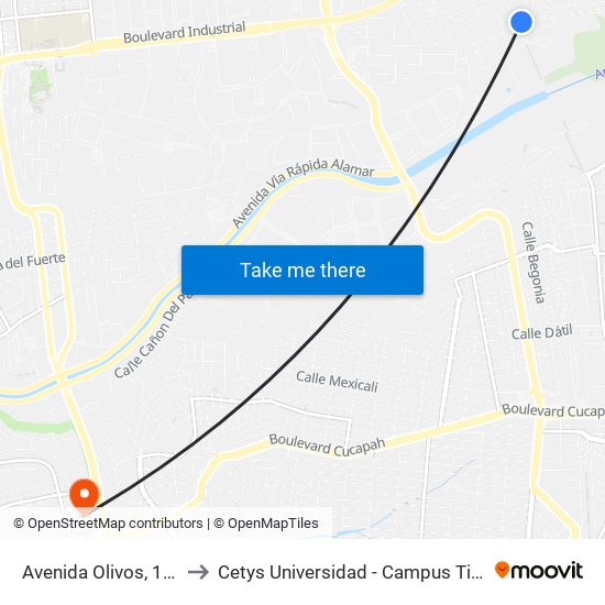 Avenida Olivos, 1265 to Cetys Universidad  - Campus Tijuana map