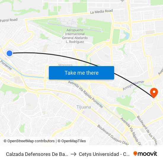 Calzada Defensores De Baja California, 671 to Cetys Universidad  - Campus Tijuana map