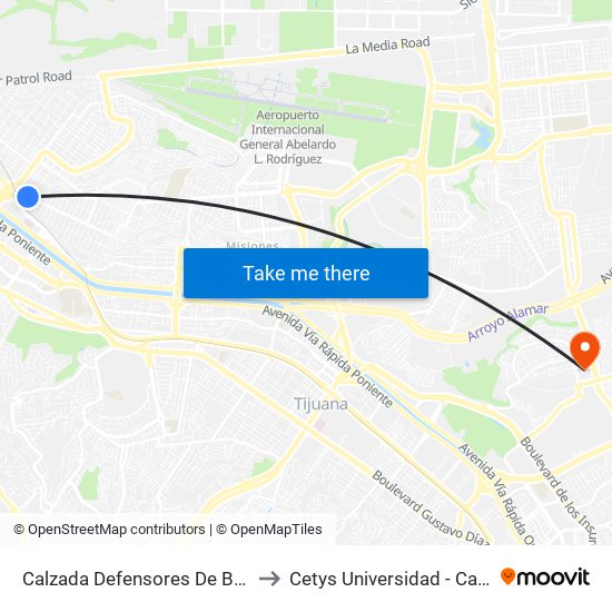 Calzada Defensores De Baja California, 2 to Cetys Universidad  - Campus Tijuana map