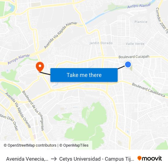 Avenida Venecia, B1 to Cetys Universidad  - Campus Tijuana map