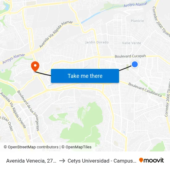 Avenida Venecia, 2703_A4 to Cetys Universidad  - Campus Tijuana map