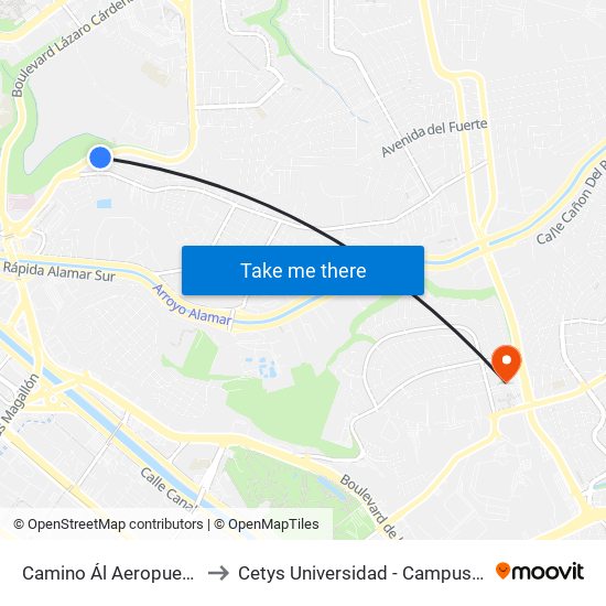 Camino Ál Aeropuerto, Lb to Cetys Universidad  - Campus Tijuana map