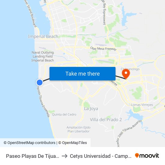 Paseo Playas De Tijuana, 3810 to Cetys Universidad  - Campus Tijuana map