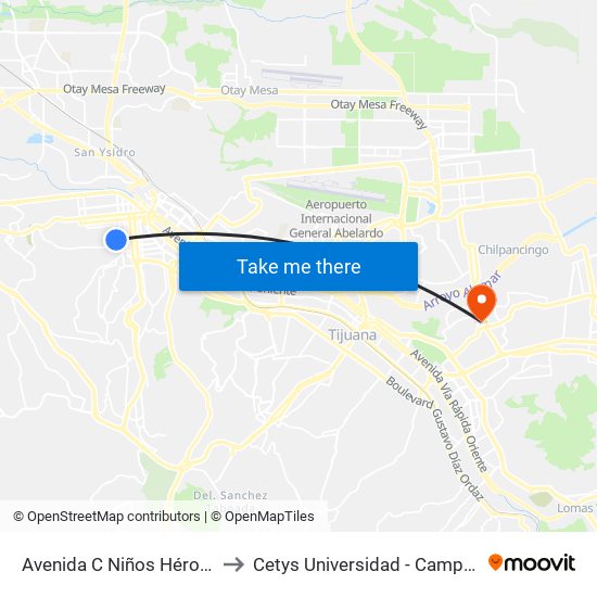 Avenida C Niños Héroes, 1529 to Cetys Universidad  - Campus Tijuana map