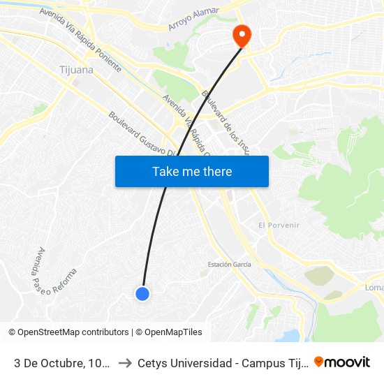 3 De Octubre, 10118 to Cetys Universidad  - Campus Tijuana map