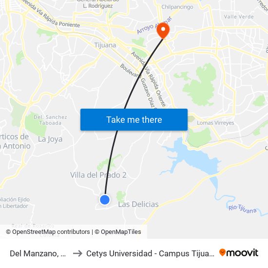 Del Manzano, 13 to Cetys Universidad  - Campus Tijuana map