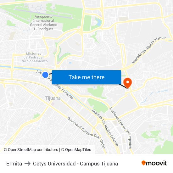 Ermita to Cetys Universidad  - Campus Tijuana map