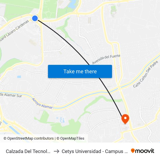 Calzada Del Tecnológico to Cetys Universidad  - Campus Tijuana map
