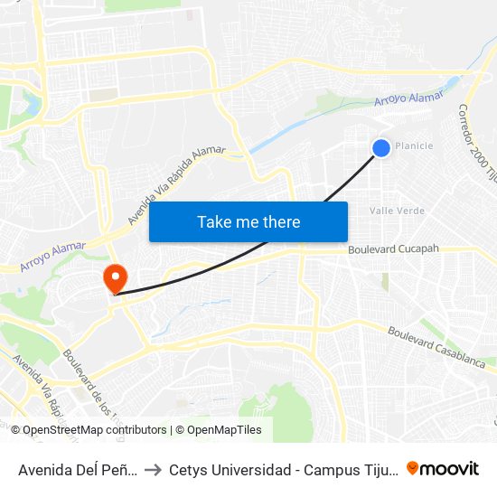 Avenida Deĺ Peñon to Cetys Universidad  - Campus Tijuana map