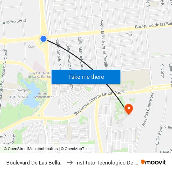 Boulevard De Las Bellas Artes to Instituto Tecnológico De Tijuana map