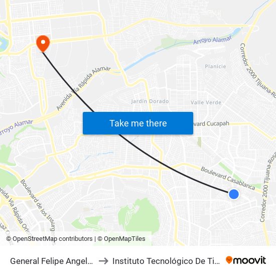 General Felipe Angeles, 2 to Instituto Tecnológico De Tijuana map