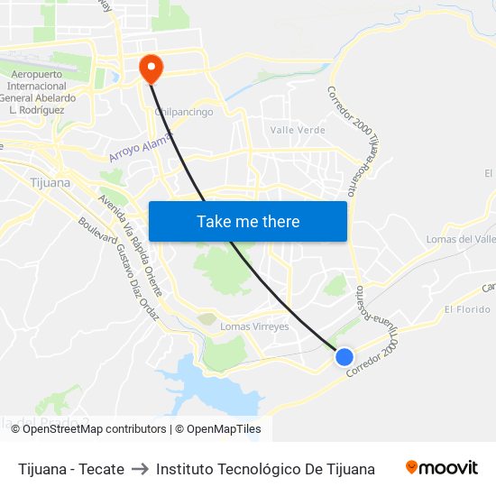 Tijuana - Tecate to Instituto Tecnológico De Tijuana map