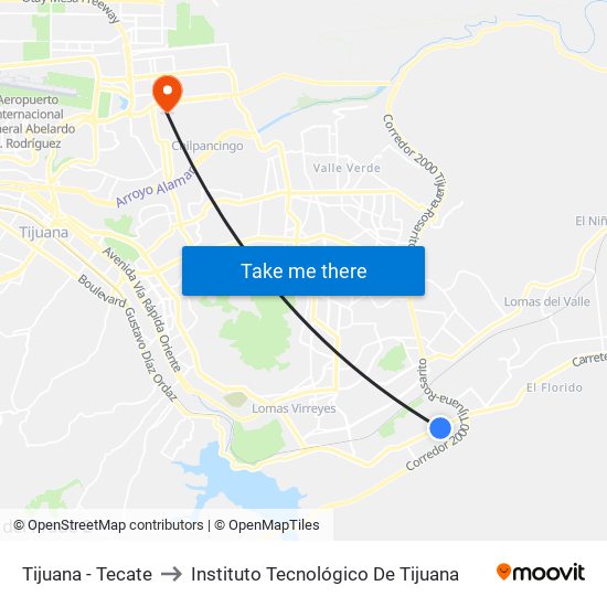 Tijuana - Tecate to Instituto Tecnológico De Tijuana map