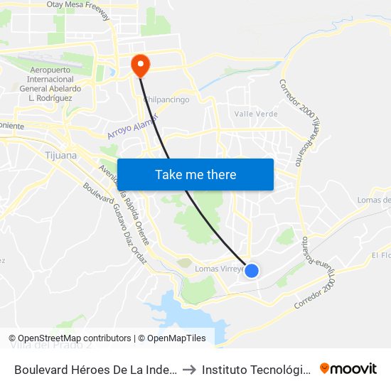 Boulevard Héroes De La Independencia, 10721 to Instituto Tecnológico De Tijuana map