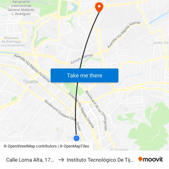 Calle Loma Alta, 17108 to Instituto Tecnológico De Tijuana map
