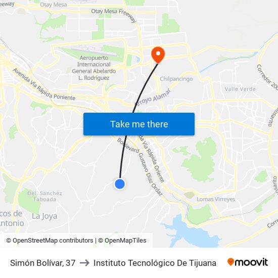 Simón Bolívar, 37 to Instituto Tecnológico De Tijuana map