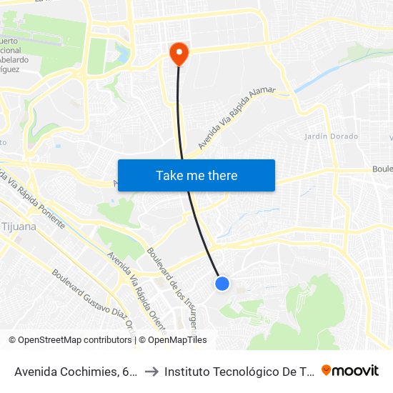 Avenida Cochimies, 65641 to Instituto Tecnológico De Tijuana map