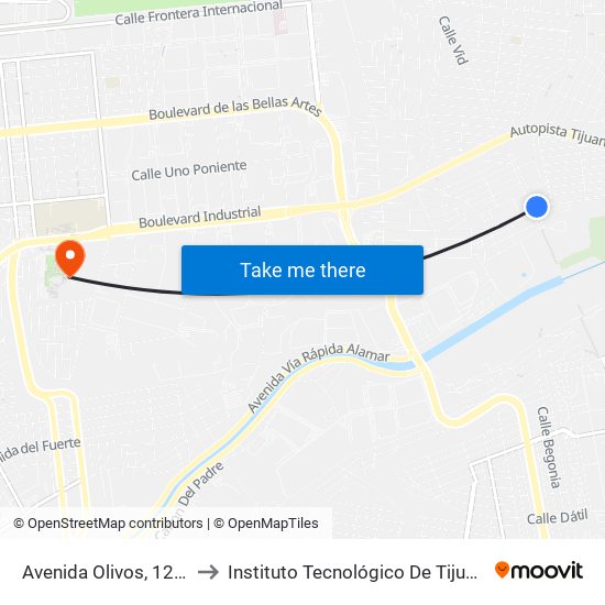 Avenida Olivos, 1265 to Instituto Tecnológico De Tijuana map