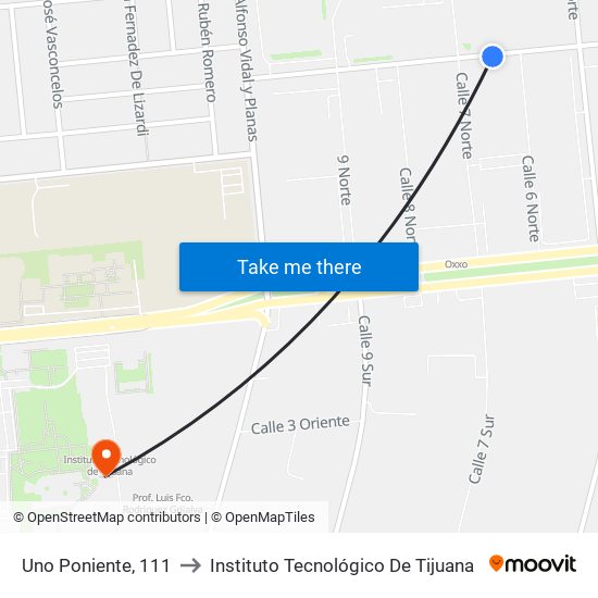 Uno Poniente, 111 to Instituto Tecnológico De Tijuana map