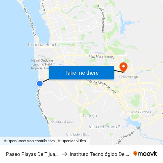 Paseo Playas De Tijuana, 14 to Instituto Tecnológico De Tijuana map