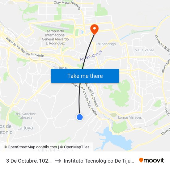 3 De Octubre, 10259 to Instituto Tecnológico De Tijuana map