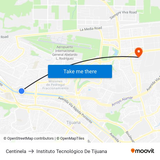 Centinela to Instituto Tecnológico De Tijuana map